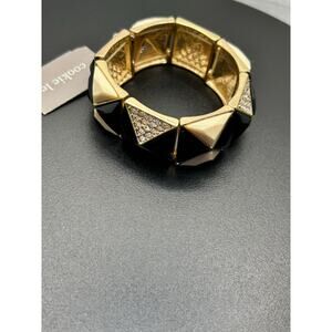 Vintage Gold Tone Black Enamel Pyramid Stud Stretch Bracelet Punk Edgy Boho